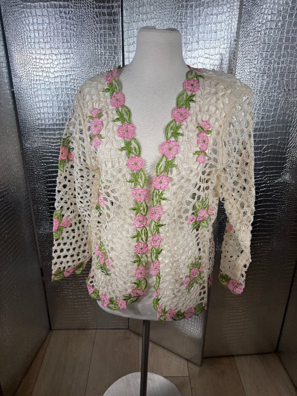 Vintage Inspired Cream, Pink and Green Laser Cut Floral Lattice Overlay Jacket